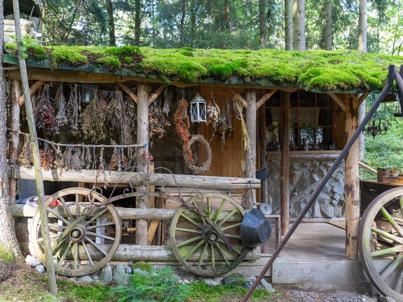Claim 9 des Authentikbereichs in Pullman City Hütte mit Moos auf dem Dach, Kräuter hängen von einem Balken, Räder lehnen einem Zaun