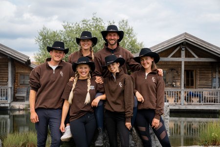 Eine Gruppe von fünf Personen in passenden braunen Langarmhemden und schwarzen Cowboyhüten steht draußen und lächelt gemeinsam. Sie stehen vor einer rustikalen Holzhütte neben einem Teich, mit viel Grün und einem bewölkten Himmel im Hintergrund.