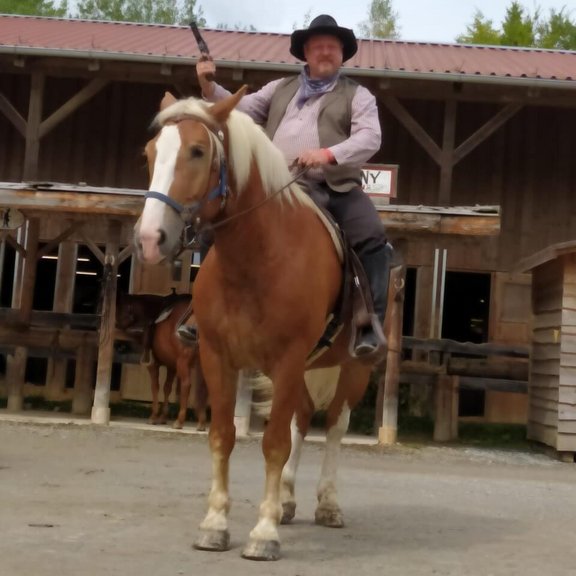 Frank Schulz reitet auf einem Pferd und blickt in die Ferne.