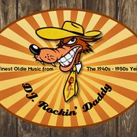 DJ Rockin' Daddy Comicfigur mit Cowboyhut, Schriftzug: "DJ Rockin' Daddy, finest Oldie Music from the 1940s and 1950s"