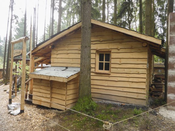 Haus aus Brettern im Wald