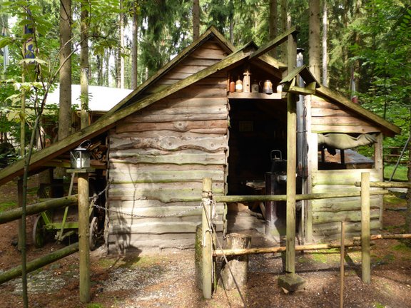 Hütte mit Zaun in einem Wald